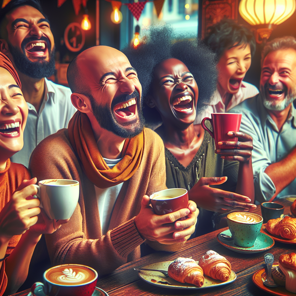 A colorful and humorous scene of people laughing in a cafe while sharing one-liners.